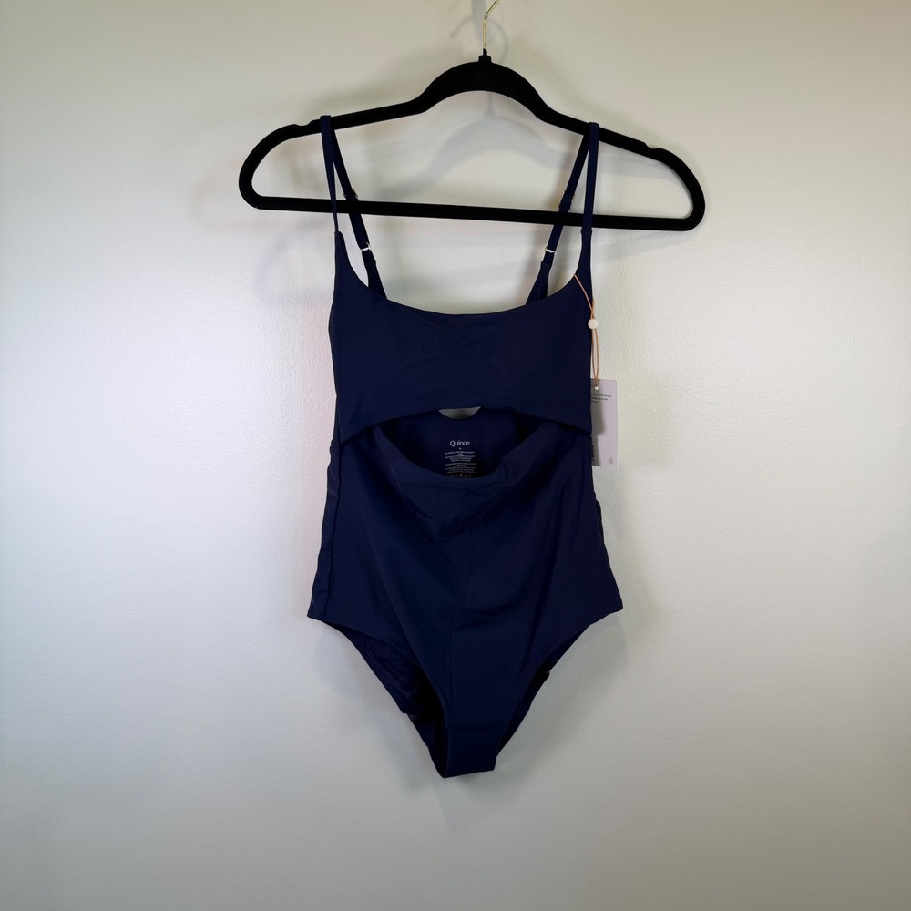 Quince Navy Blue Front Cutout One Piece Swimsuit Adjust NWT Size M Bathing Suit